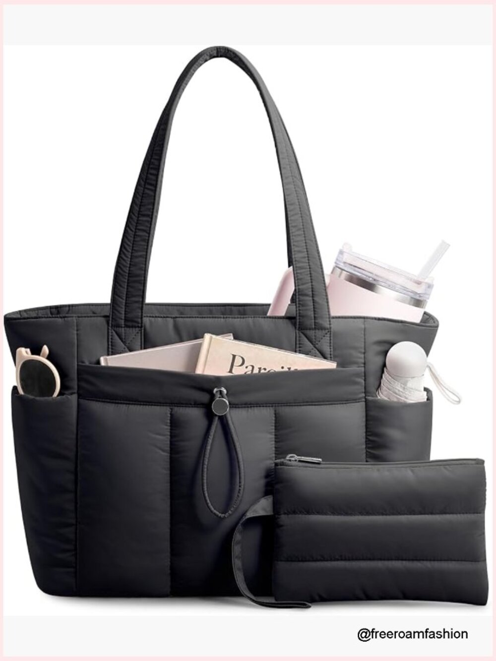 Puffy Tote Bag with Cup Holder & Laptop Compartment & Trolley Sleeve